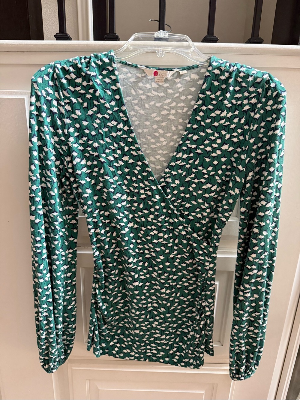 Boden Green and White Printed Wrap-Style Long Sleeve Top